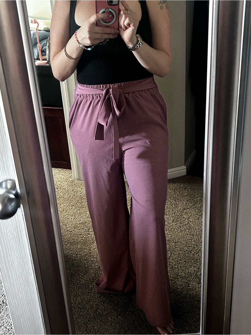 M High-Rise Wide Leg Tie-Waist Pants — Dusty Mauve